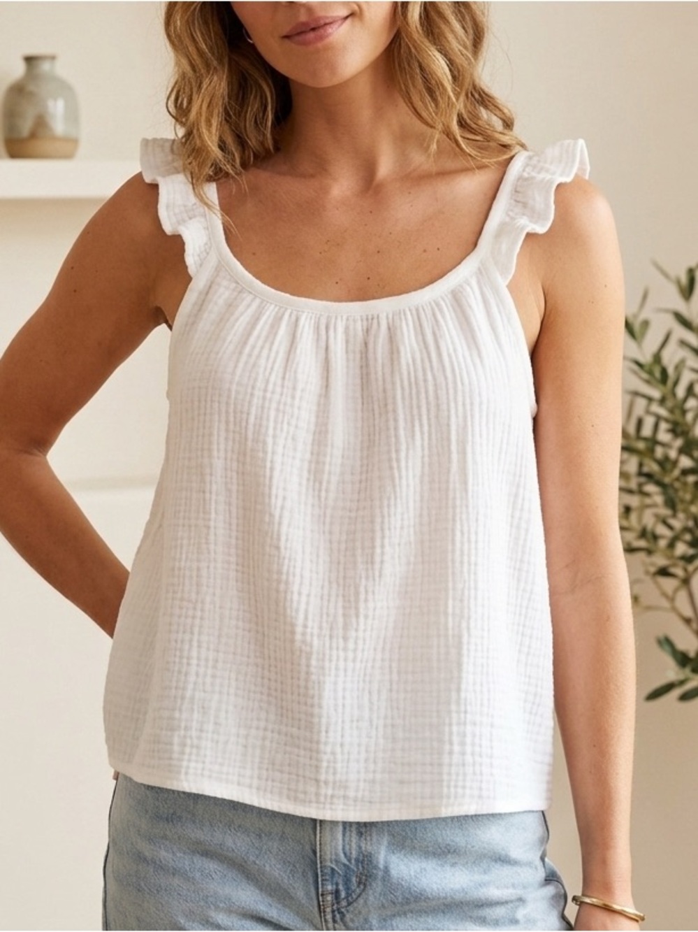 Amaryllis White Ruffle Strap Tank